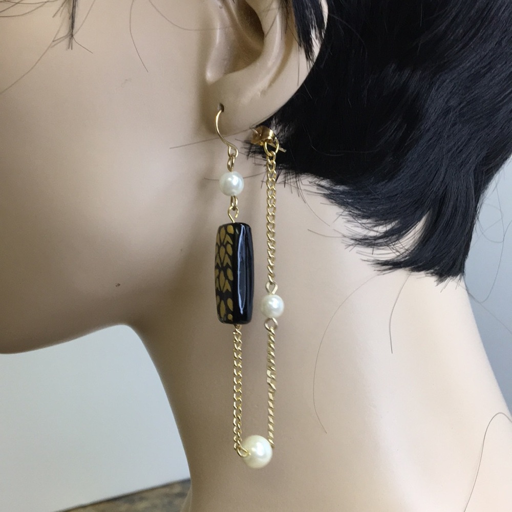Wood & Pearl Chain Earrings